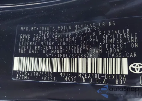 2025 Toyota Corolla Le from USA, damaged, VIN 5YFB4MDE7SP286769